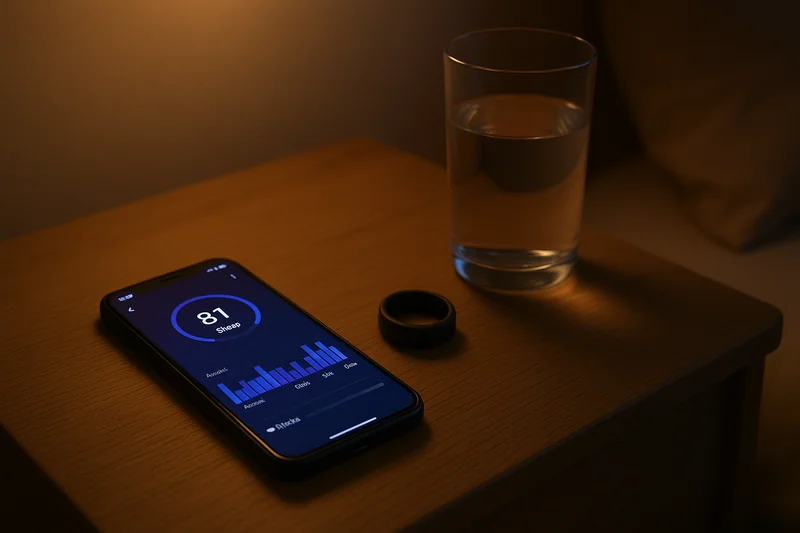 Mobil, smart ring og vandgls på natbord